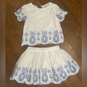 Zara Matching Skirt and Top - White with Blue Embroidery